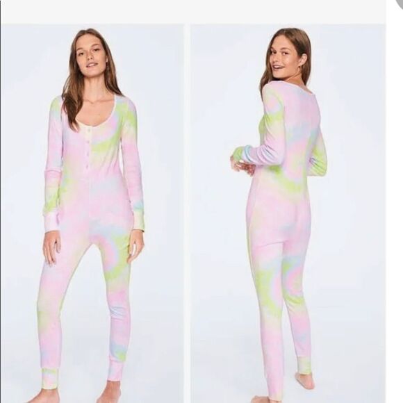 PINK Victoria's Secret Other - Vs Victorias Secret Pink One Piece Pajama Cozy Sleep Rainbow Tie Dye XS